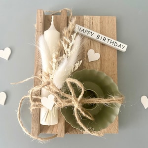 Geschenk Frauen, Geburtstagsgeschenk Kerze, Mitbringsel Kerzenständer grün weiß, Trockenblumen Geschenk Mama Geburtstag, Geschenkset Frau