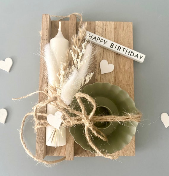 Geschenk Frauen, Geburtstagsgeschenk Kerze, Mitbringsel Kerzenständer grün weiß, Trockenblumen Geschenk Mama Geburtstag, Geschenkset Frau