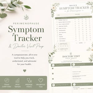 Könnte beinhalten: Ein Set aus gedruckten Perimenopausen-Symptom-Trackern mit täglicher Übersicht, Monatstrends, Vorbereitung auf Arztbesuche und Wellness-Protokollen. Die weißen Blätter sind mit salbeigrünen Akzenten und botanischen Blattillustrationen gestaltet.