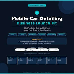 以下が含まれることがあります： 「Mobile Car Detailing Business Launch Kit」のテキストが入った濃い青色のデジタル製品バンドルグラフィック。ロゴデザイン、チラシ、価格メニュー、ソーシャル投稿、名刺、請求書のプロンプトが含まれています。Gumroad、Etsy、Payhip、および独自のサイトで販売できます。