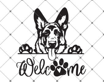 May include: Black and white silhouette of a German Shepherd dog peeking over a sign that says "Welcome" with a paw print and a heart in the middle of the word.