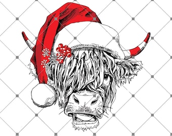 Könnte beinhalten: Eine Schwarzweißillustration einer schottischen Hochlandkuh, die einen roten Weihnachtsmann-Hut mit weißem Besatz und roten und weißen Stechpalmenbeeren trägt. Das Fell der Kuh ist lang und zottelig, und ihre Augen sind geschlossen.