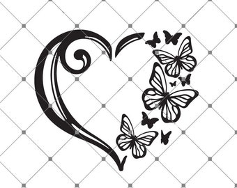 May include: A black and white silhouette of a heart with a swirl design. Butterflies are flying out of the heart.