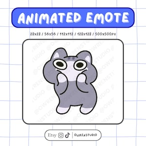 May include: An animated emote featuring a gray cat with large eyes and a surprised expression. The emote is on a white background with a blue border and the text "ANIMATED EMOTE". Includes size dimensions.