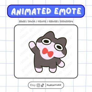 Può includere: Un'emote animata con un gatto dei cartoni animati con un'espressione sorpresa e un papillon rosso. L'emote è in una cornice bianca con la scritta "ANIMATED EMOTE" sopra. L'immagine include le specifiche delle dimensioni.