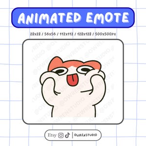 May include: Animated emote featuring a cartoon cat with a surprised expression, tongue sticking out. The image includes the text "ANIMATED EMOTE" and size specifications. The Etsy shop name "OWRENSTUDIO" is also displayed.
