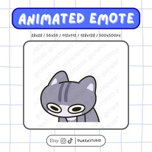 Puede incluir: Un emote animado digital con un gato gris con rayas, ojos grandes y una expresión de sorpresa. La imagen incluye el texto "ANIMATED EMOTE" en una pancarta azul, junto con las especificaciones de tamaño. También están presentes los logotipos de Etsy y Owrenstudio.