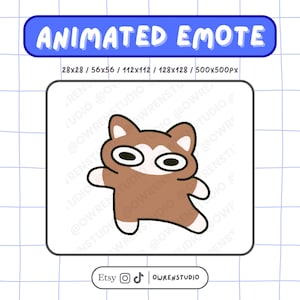 May include: An animated emote featuring a cartoon raccoon with brown and white fur, large eyes, and a surprised expression. The emote is on a white background with the text "ANIMATED EMOTE" above it. The image also includes the Etsy and Owrenstudio logos.