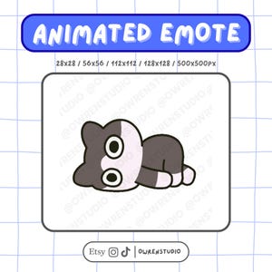Peut inclure: Une émoticône animée représentant un chat de dessin animé gris et blanc, allongé. L'image comprend le texte "ANIMATED EMOTE" et les spécifications de taille. Le nom de la boutique Etsy "OWRENSTUDIO" est également affiché.