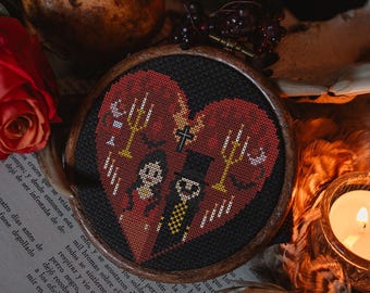 Dracula & Mina cross stitch pattern, Valentine's Day, dark embroidery, horror movie, heart, lovers, mini pattern, ornament