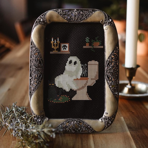 Cross stitch pattern of a ghost in the bathroom, Halloween, dark humor, cat, bathroom, plants, funny horror, ornament
