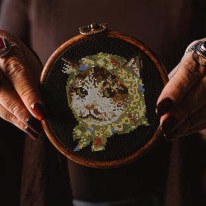 May include: A round, cross-stitched cat portrait in a wooden embroidery hoop. The cat has brown and white fur with green and blue accents. The background is black. The hoop is held by a person.