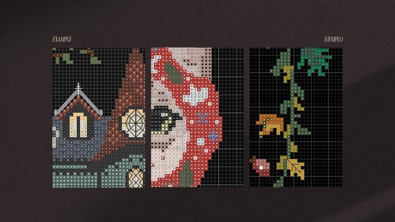 K&ouml;nnte beinhalten: Drei Kreuzstichmuster, jedes mit einem anderen Design. Das erste Muster ist ein Haus mit einem roten Dach und gr&uuml;nen Verzierungen. Das zweite Muster ist ein rotes und wei&szlig;es Blumenmuster. Das dritte Muster ist eine gr&uuml;ne Rankenpflanze mit gelben Bl&auml;ttern.
