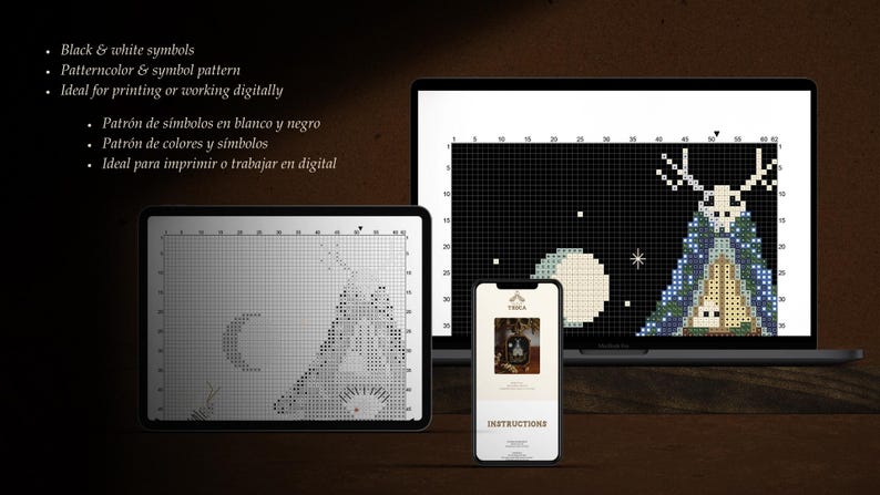 May include: Digital cross stitch pattern featuring a black and white illustration of a deer with antlers, standing in front of a crescent moon and stars. The pattern is displayed on a computer screen.