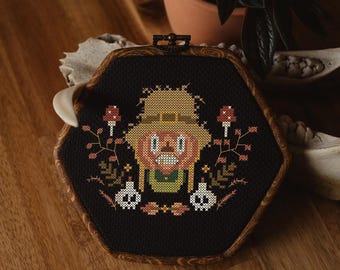 Kürbisvogel-Schreckensmädchen, Gruseliges Kreuzstichmuster, Samhain, Kürbis, Hexe, Geist, Herbst, Blätter, Wald, Halloween