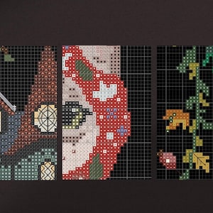 May include: Three cross-stitch patterns, each with a different design. The first pattern is a house with a red roof and green trim. The second pattern is a red and white floral design. The third pattern is a green vine with yellow leaves.