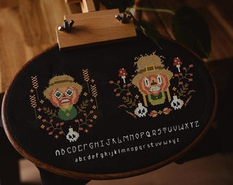 Vogelscheuche Kürbispaar, Gruseliges Kreuzstichmuster, Samhain, Kürbis, Hexe, Geist, Herbst, Wald, Halloween