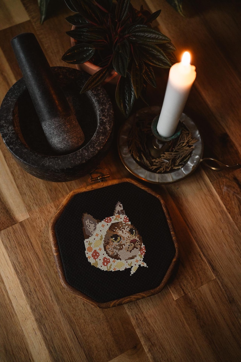 Peut inclure: Un gros plan d'une broderie au point de croix encadr&eacute;e repr&eacute;sentant un chat portant un bonnet fleuri. La broderie est sur un fond sombre et est encadr&eacute;e dans un cadre en bois.