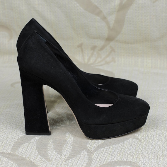 MIU MIU Pumps Black Suede Leather High Square Heel Platform