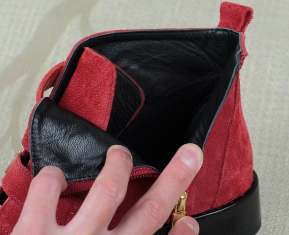 Navyboot Women's Ankle Boots 3 Buckle Straps Red Suede Leather Round Toe Accent Shoes EUR 37 / US 6,5 / UK 4