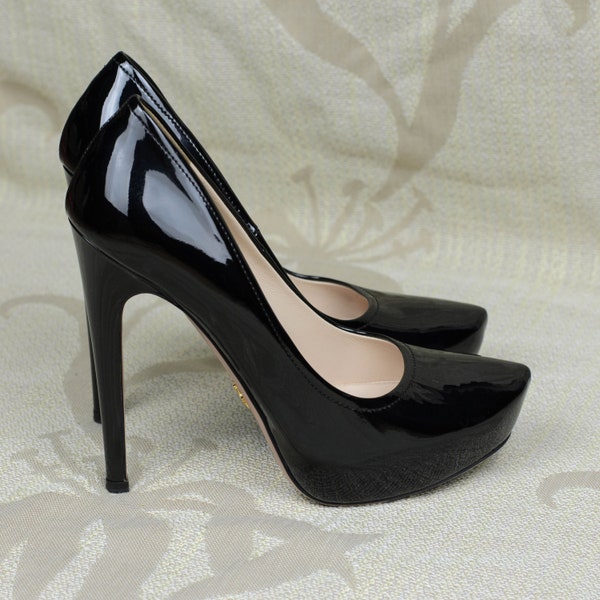 Prada patent black Leather high stiletto heels with hidden platform 1IP107 Size 36 / US 6 / UK 3