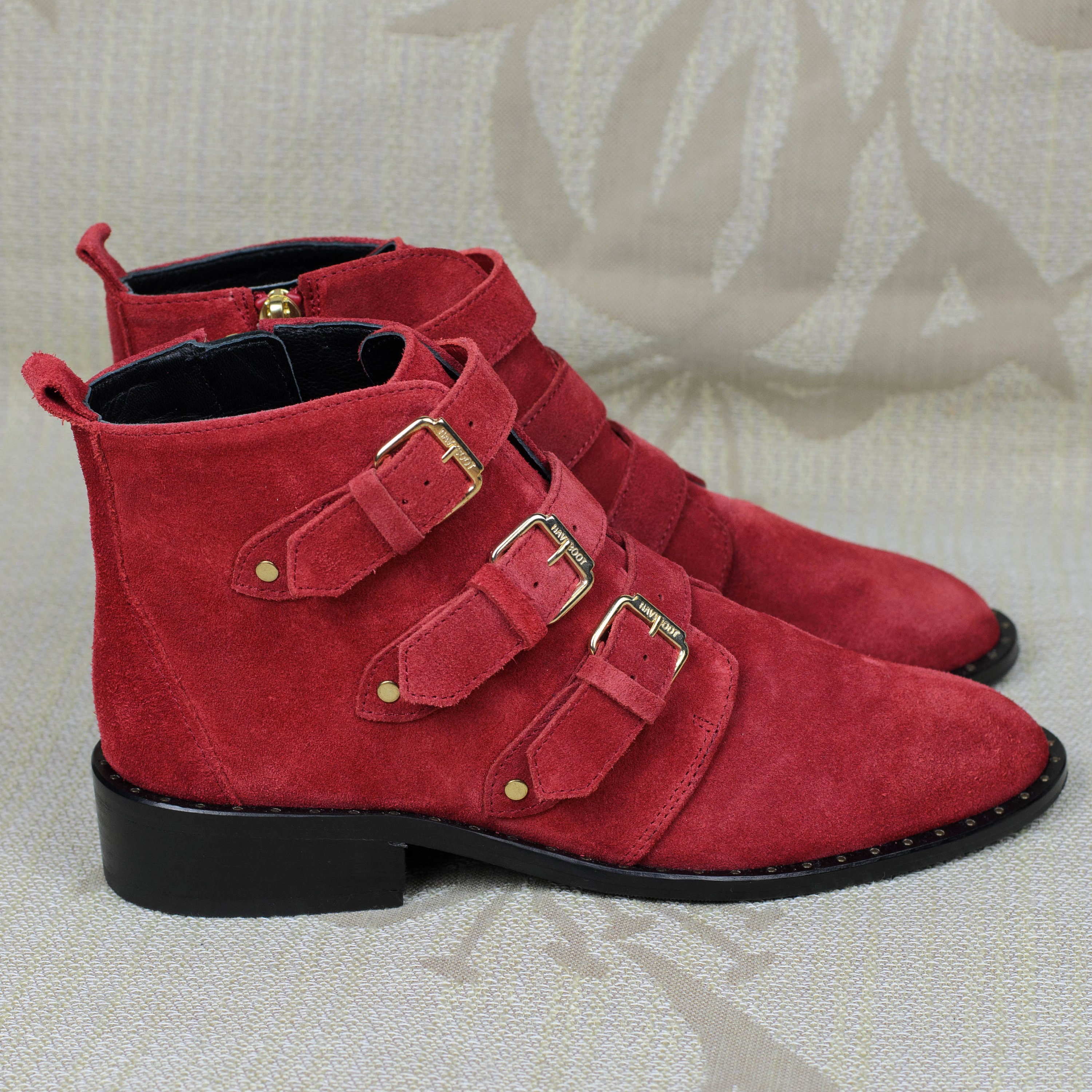 Navyboot Women's Ankle Boots 3 Buckle Straps Red Suede Leather Round Toe Accent Shoes EUR 37 / US 6,5 / UK 4