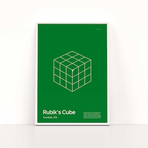 Może przedstawiać: Zielony plakat z białym obrysem kostki Rubika. Tekst "Rubik's Cube" i "Ernő Rubik, 1974" znajduje się pod kostką.