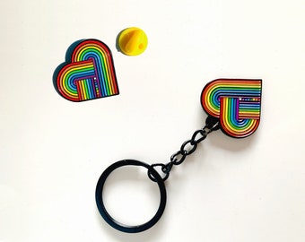 Pride keychain and pin set, LGBTQ keychain, Pride keychain, Rainbow, heart keychain, retro style