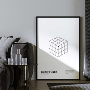 Arte minimalista impreso físicamente, póster de cubo de Rubik vintage moderno, formas geométricas inspiradas en los años 70, descarga digital, decoración del hogar