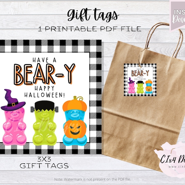 BEAR-Y Happy Halloween | Gift Tags | PDF file | ---INSTANT Digital Download---