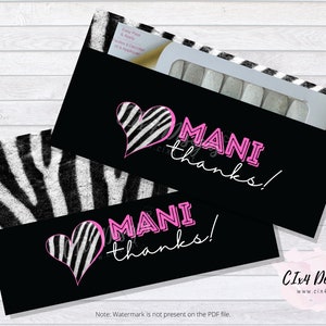 Mani Thanks - Gift Envelope for Nail Polish Strips - Hot Pink Zebra (2 PDF files included) ---INSTANT Digital Download---