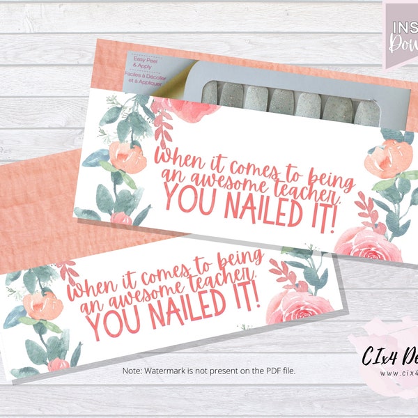 Teacher | Nailed It | Peach Floral | Gift Envelope for Nail Polish Strips | PDF Files ---INSTANT Digital Download---