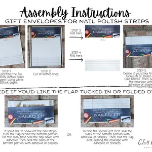 May include: Instructions for assembling gift envelopes for nail polish strips. The image shows a step-by-step guide with illustrations of the envelope being folded. The text reads "When it comes to being an awesome teacher, you NAILED IT!"