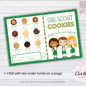 Peut inclure: Un bon de commande de biscuits Girl Scout avec une bordure verte et des illustrations de biscuits. Le formulaire comprend une section pour les informations client et un message de remerciement. Le texte "Girl Scout Cookies" est affiché.