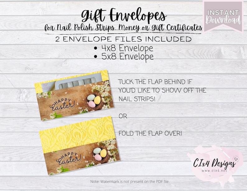 May include: Two printable Easter-themed gift envelopes for nail polish strips, money, or gift certificates. The envelopes feature a yellow and brown floral pattern with the text "Happy Easter!" and a nest with colorful eggs. The text "TUCK THE FLAP BEHIND IF YOU'D LIKE TO SHOW OFF THE NAIL STRIPS!" and "FOLD THE FLAP OVER!" is also included.