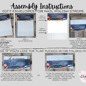 May include: Assembly instructions for gift envelopes for nail polish strips. The instructions show how to fold and assemble the envelopes, which feature a chalkboard design with the text "When it comes to being an awesome teacher, you NAILED IT!"