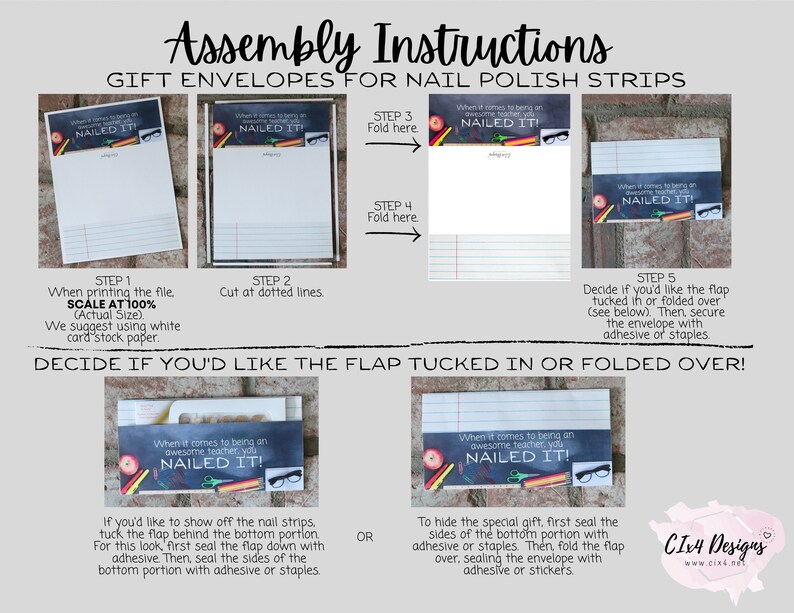 May include: Assembly instructions for gift envelopes for nail polish strips. The instructions show how to fold and assemble the envelopes, which feature a chalkboard design with the text "When it comes to being an awesome teacher, you NAILED IT!"