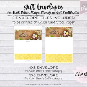 May include: Two printable envelope templates featuring a Happy Easter design with pastel colored eggs in a bird's nest. The envelopes are designed to fit Color Street's 4x6.5 and 5x6.5 packaging.