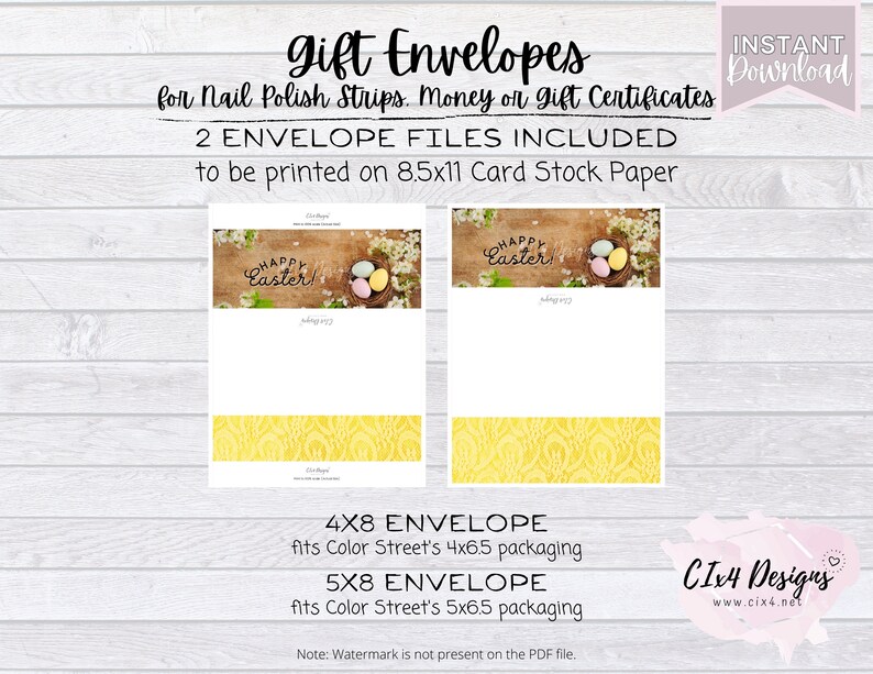 May include: Two printable envelope templates featuring a Happy Easter design with pastel colored eggs in a bird's nest. The envelopes are designed to fit Color Street's 4x6.5 and 5x6.5 packaging.