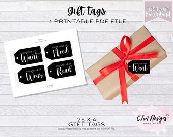 Want, Need, Wear, Read | Gift Tags | Christmas | Black | PDF file | ---INSTANT Digital Download---