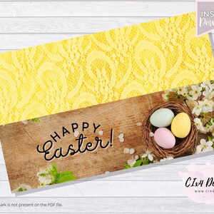 May include: A yellow lace background with a wooden surface with the text "Happy Easter!" and a nest with three pastel colored Easter eggs.