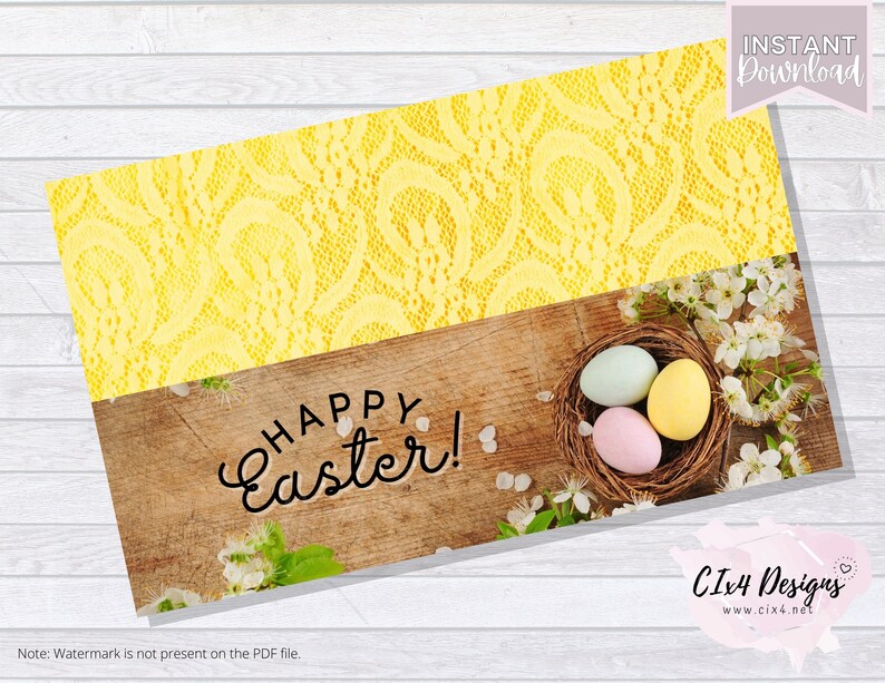 May include: A yellow lace background with a wooden surface with the text "Happy Easter!" and a nest with three pastel colored Easter eggs.