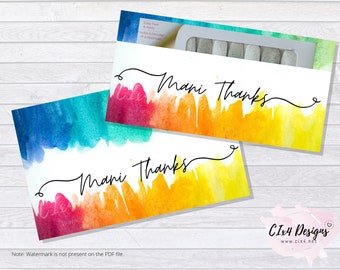 Mani Thanks - Gift Envelope for Nail Polish Strips - Colorful Watercolor (2 PDF files included) ---INSTANT Digital Download---