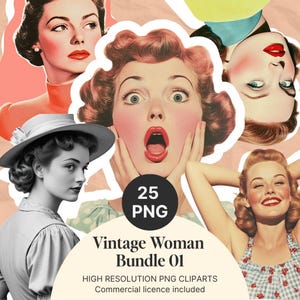 Lot de 25 découpes PNG vintage pour femmes – pour collages, journaux intimes, scrapbooking, projets artistiques – Usage commercial