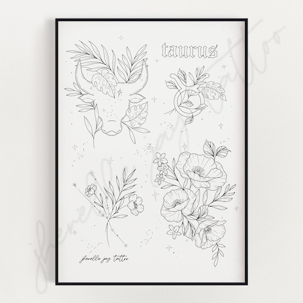 TAURUS - Astrology Tattoo flash sheet print - Digital download adult colouring. Zodiac sign; constellation star signs