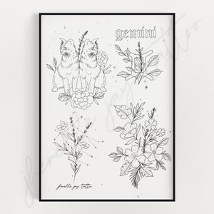 GEMINI - Astrology Tattoo flash sheet print - Digital download adult colouring. Zodiac sign; constellation star signs