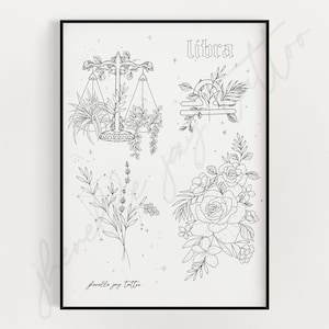 Op de afbeelding: Zwart-witte lijntekening van het sterrenbeeld Weegschaal met bloemmotieven. De print bevat een weegschaal met ranken, een Weegschaal-symbool met bladeren, een bloemenboeket en een sterrenbeeld met lavendel. De print heeft de tekst "Weegschaal" en "Jewelle Joy Tattoo" boven en onder.