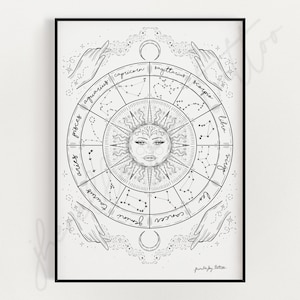 Zodiac Chart with Sun - Rueda de Astrología, Constellations Star sign flash hoja Art print - Descarga digital