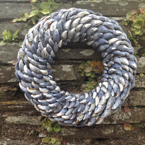 Beautiful mussel wreath handcrafted using Cornish shells individually gathered from local beaches