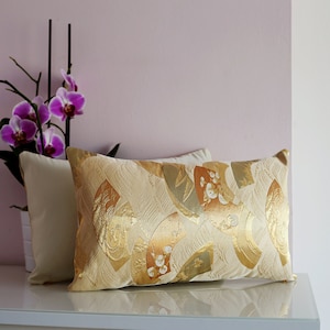 Japanese Gold Fan Silk Cushion, Upcycled Japanese Obi, Vintage Kimono, Recycled Obi, Japanese Decor Gift